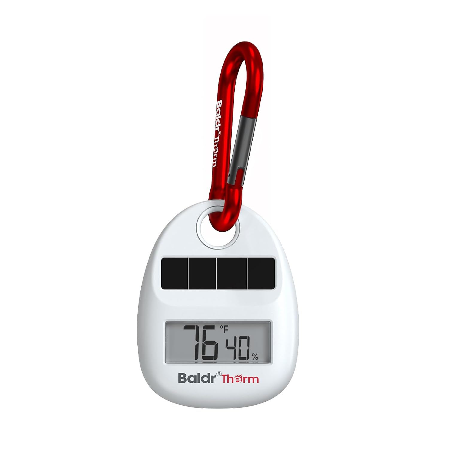 Digital scale with carabiner, displaying weight and temperature.