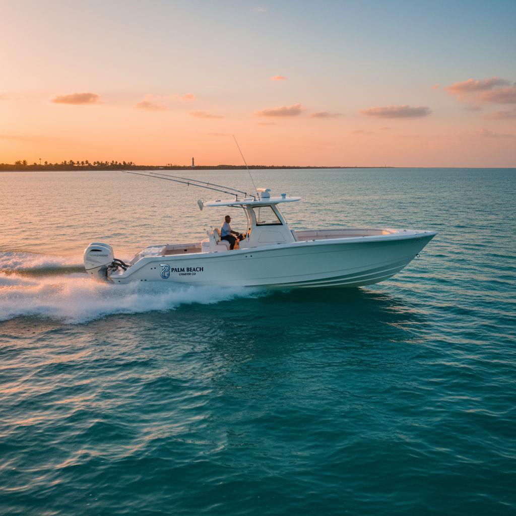 White center console fishing boat cruising across calm turquoise ocean water at sunset, leaving a trail of spray behind. Soft pink and orange sky with scattered clouds creates a peaceful South Florida boating scene.