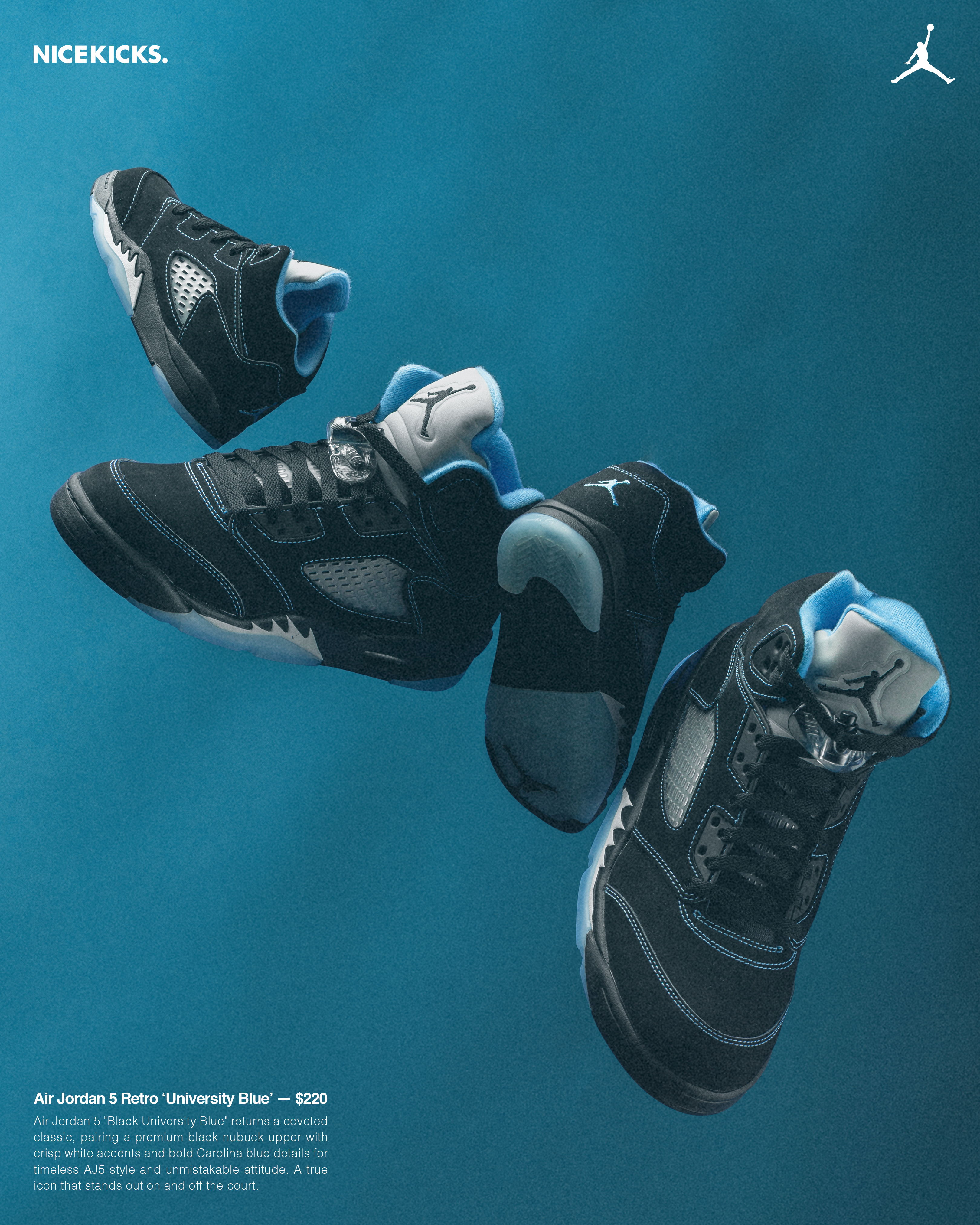 Air Jordan 5 Retro 'University Blue' sneakers on a blue background.