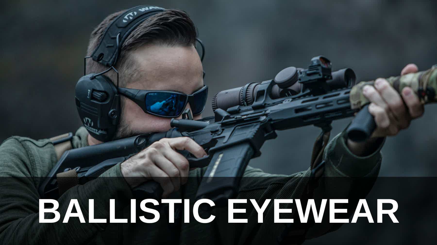 man with STNGR ballistic sunglasses shooting AR-15