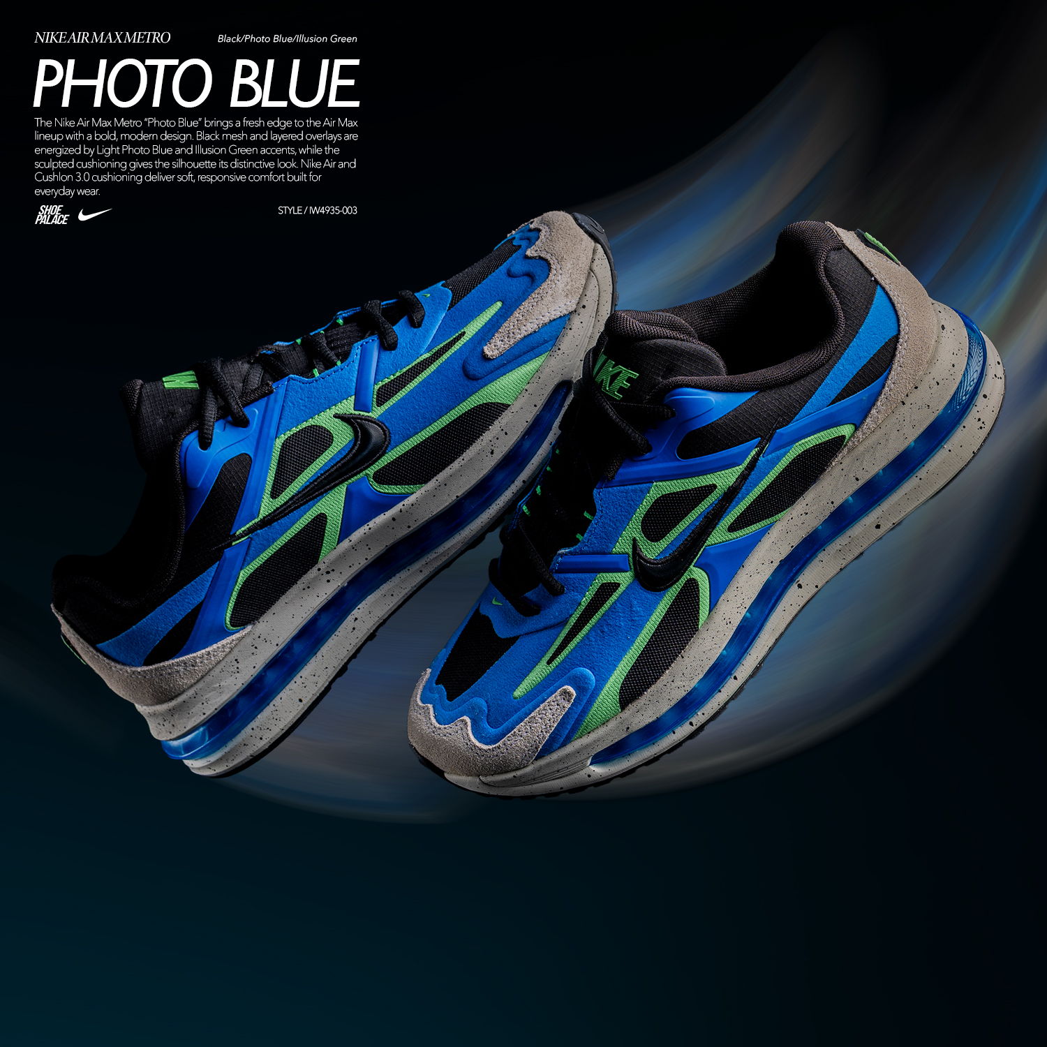 Blue and gray Nike sneakers on a dark background.