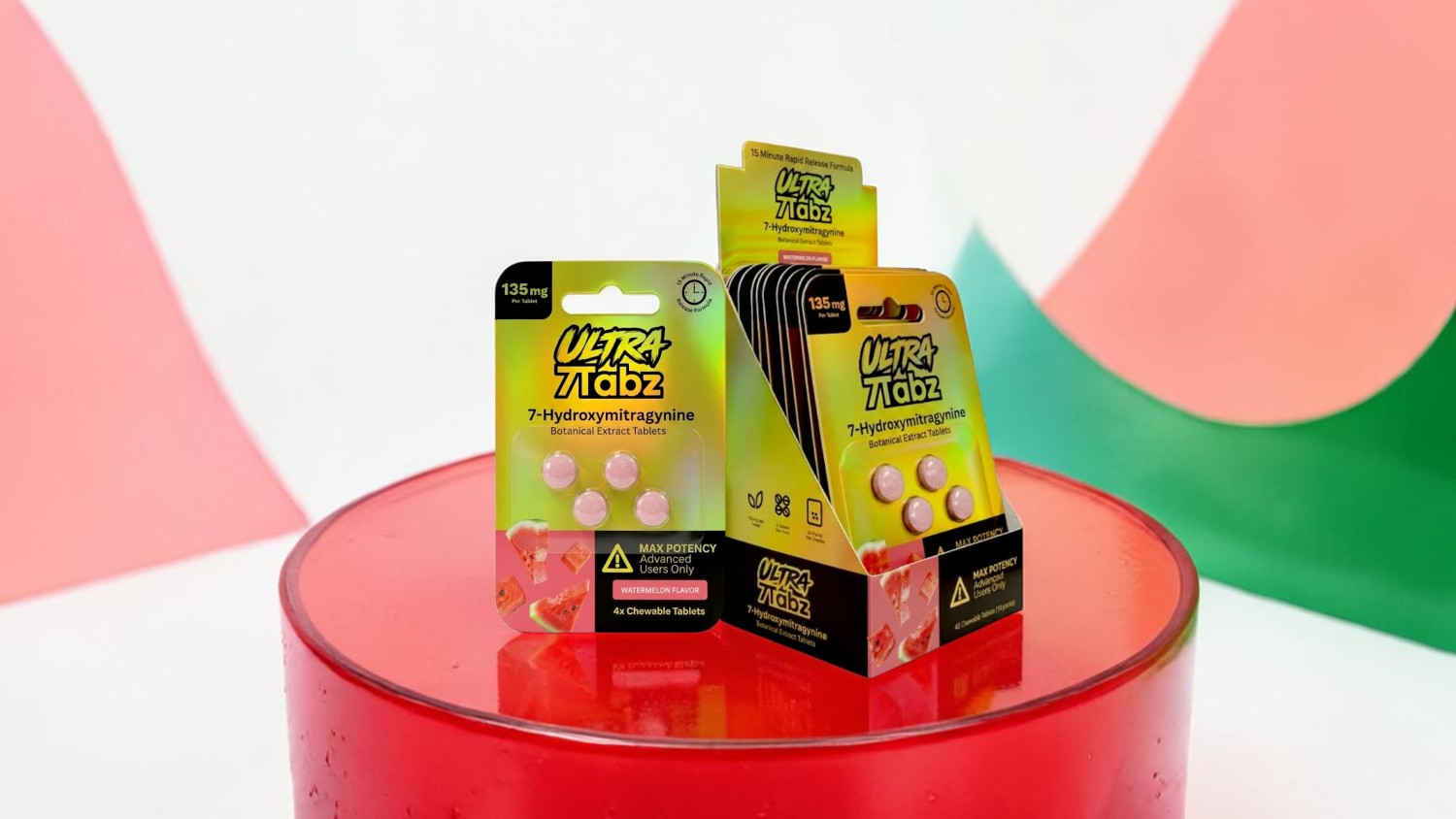 Colorful packaging of candy on a red pedestal against a vibrant background.