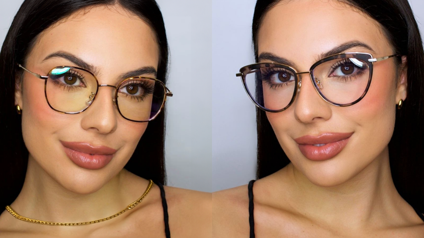 Model wearing EyeCandys Farrow round prescription reading glasses and Shelly cat eye prescription glasses with blue light blocking, stylish eyewear comparison