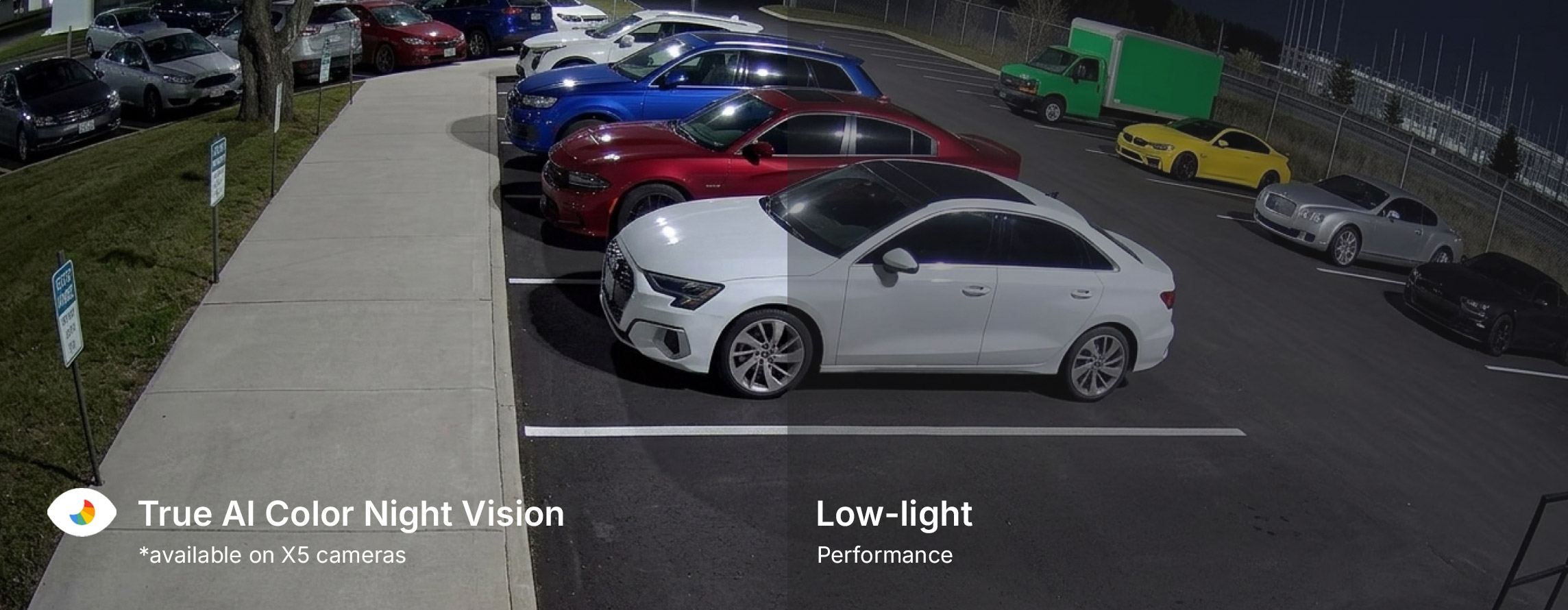 Side-by-side X5 security camera view of a parking lot at night showing True Color Night Vision on one side and standard low-light performance on the other