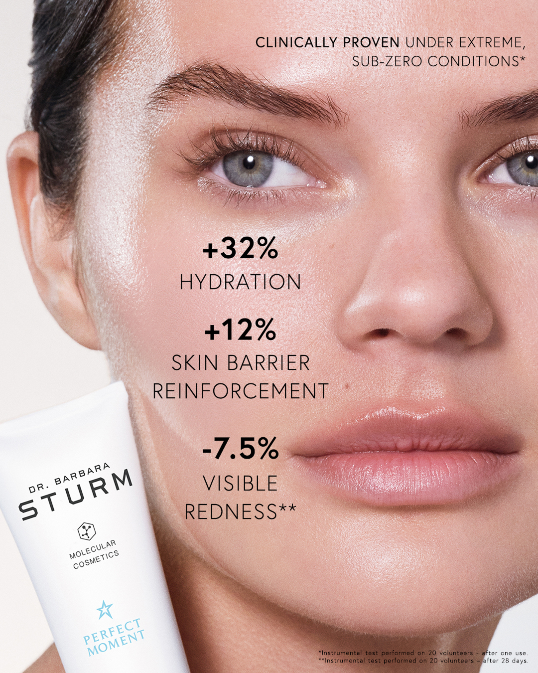 Woman's face with skincare product and hydration benefits displayed.