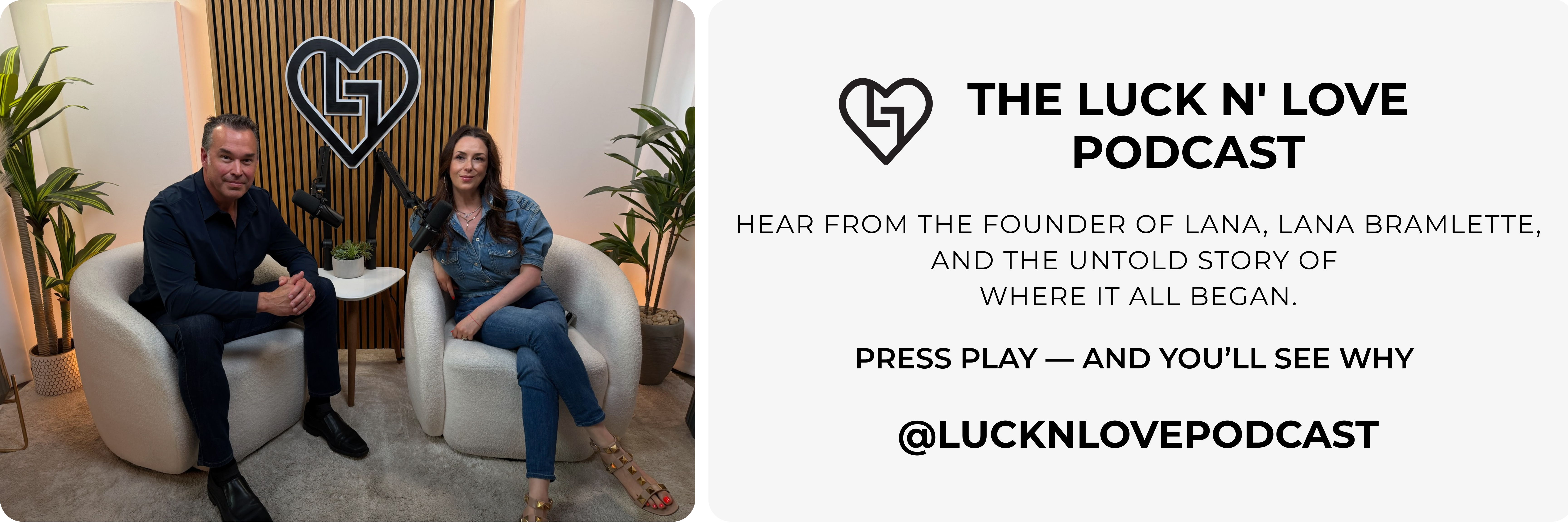 Two podcast hosts sitting together, promoting 