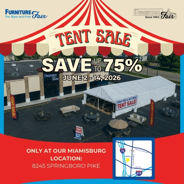 Tent sale advertisement with discount information and location details.