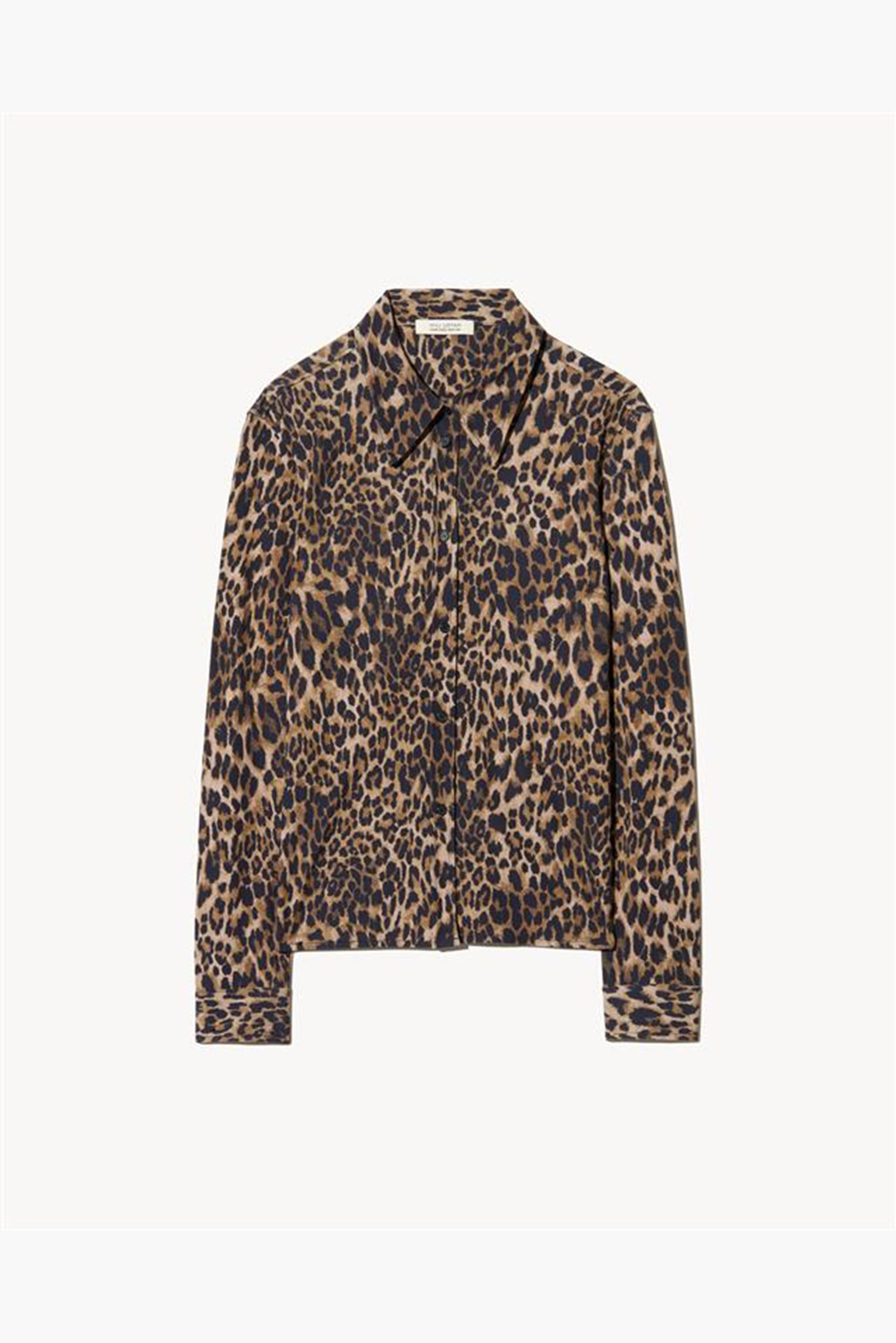 Leopard print button-up shirt with long sleeves.