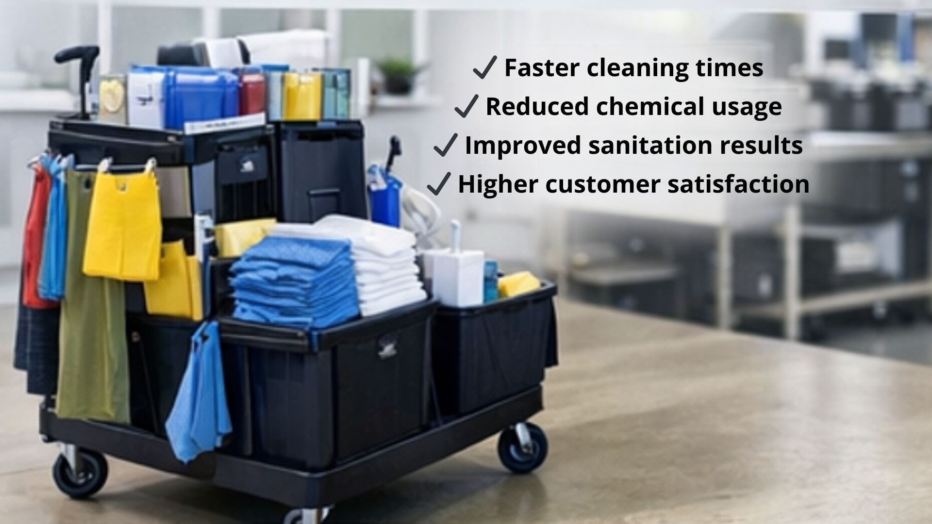 Cleaning cart with supplies and benefits listed beside it.