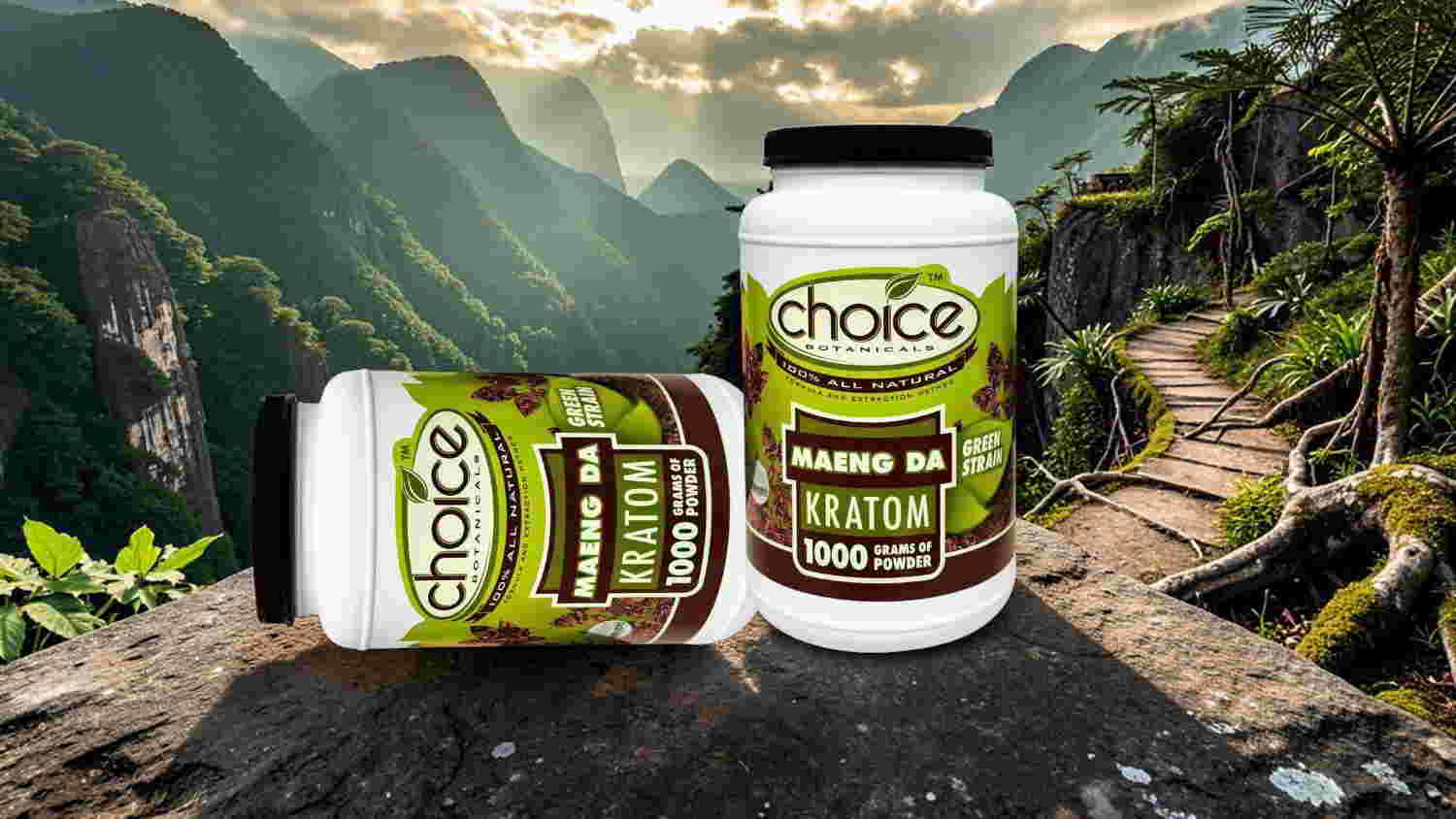 Two supplement jars on a scenic mountain path background.