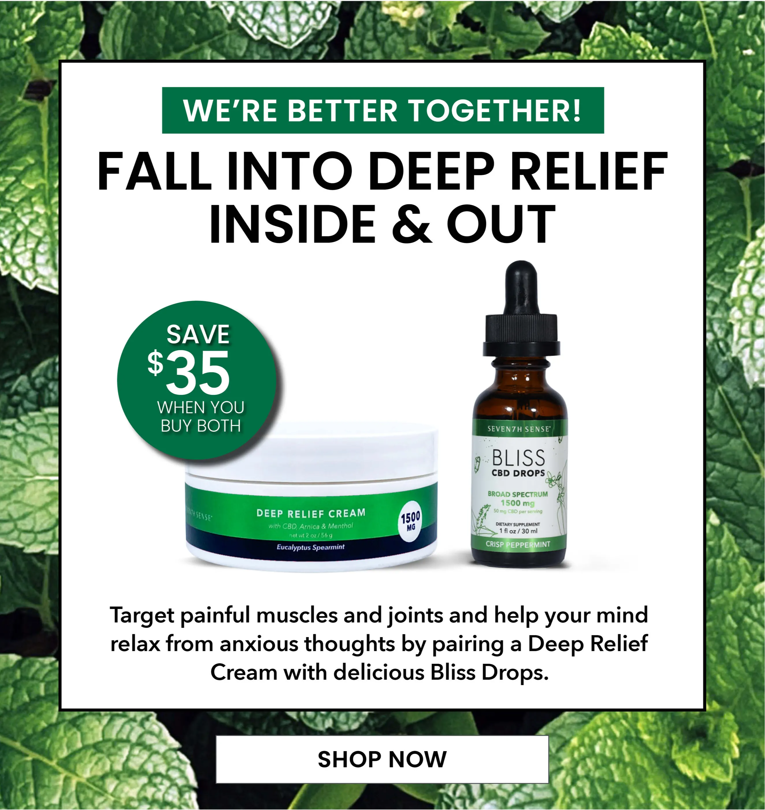 We're better together! Fall into deep relief inside and out.  Target painful muscles and joints and help your mind relax from anxious thoughts by pairing a Deep Relief Cream with delicious Bliss Drops. Shop Now.