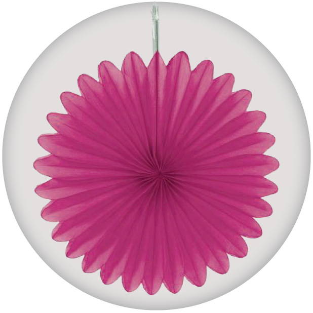 Image of hanging pink paper fan decoration. Shop all pink decorations.