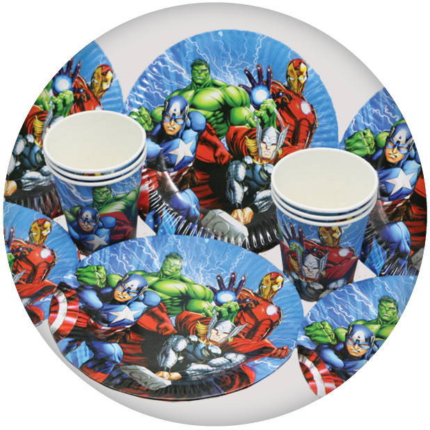 Image of Avengers party plates and cups with the Hulk, Captain America, Iron man and Thor. Shop Avengers tableware.
