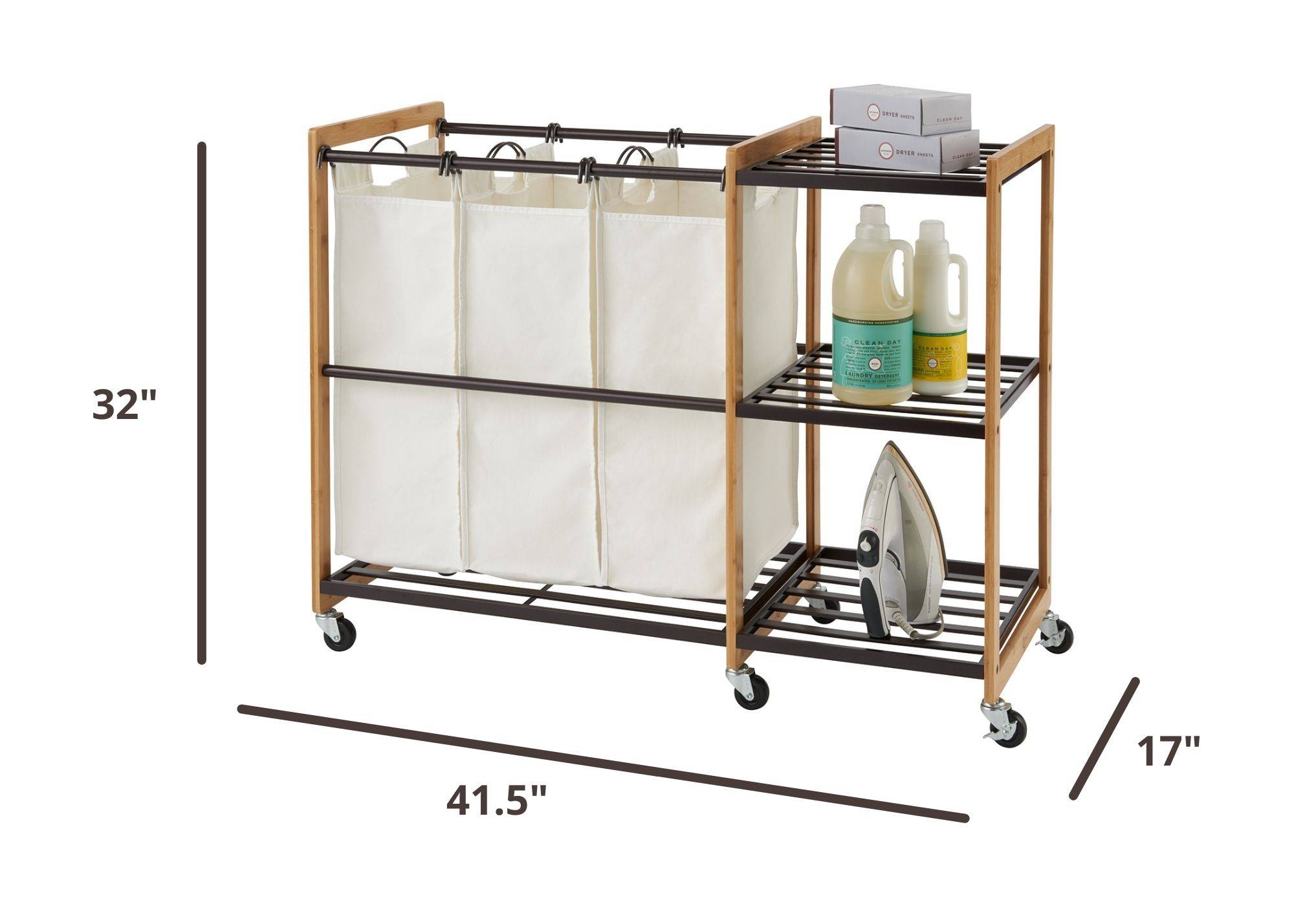 large, 41.5 inches wide by 32 inches tall laundry station with wheels