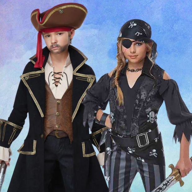 A blue background with a boy and girl pirates costumes. Click to shop all Pirate Book Week Costumes.