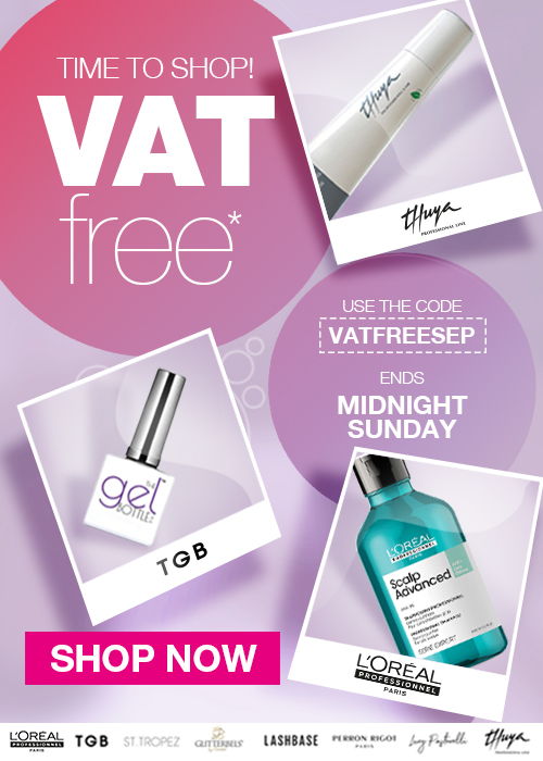 Promotional image for VAT-free shopping with beauty products showcased.