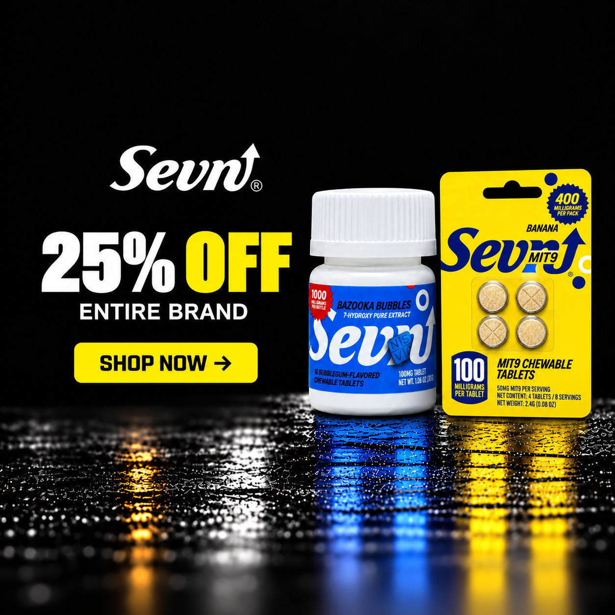 Sevnt product promotion with discount offer and packaging on a reflective surface.
