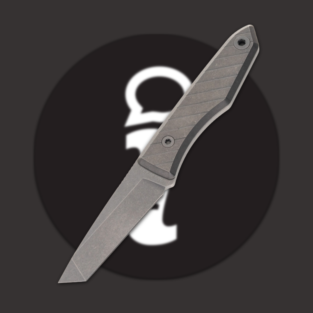 A folding knife on a dark background with a logo.