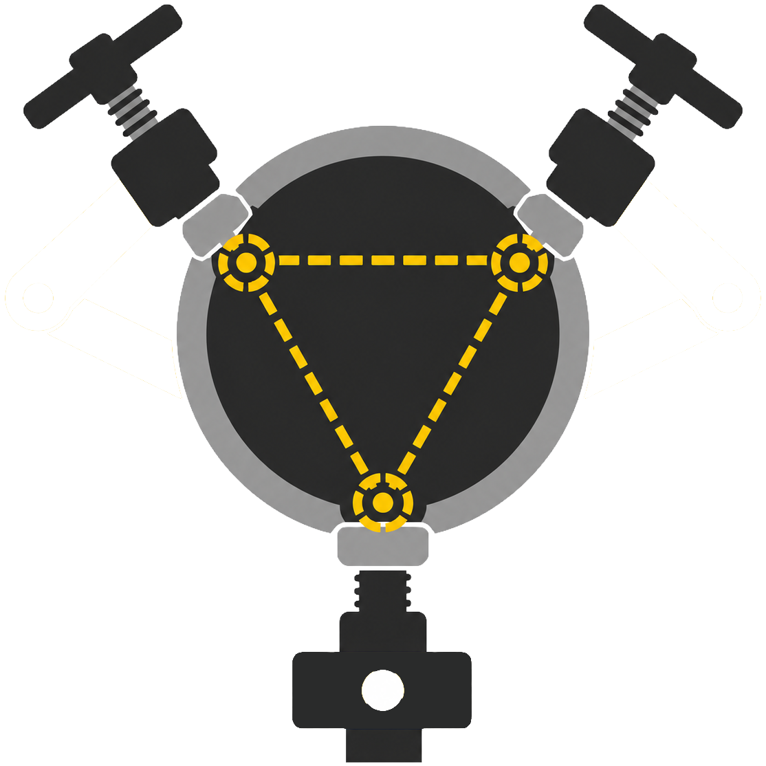 Diagram of a mechanical system with valves and a triangular configuration.
