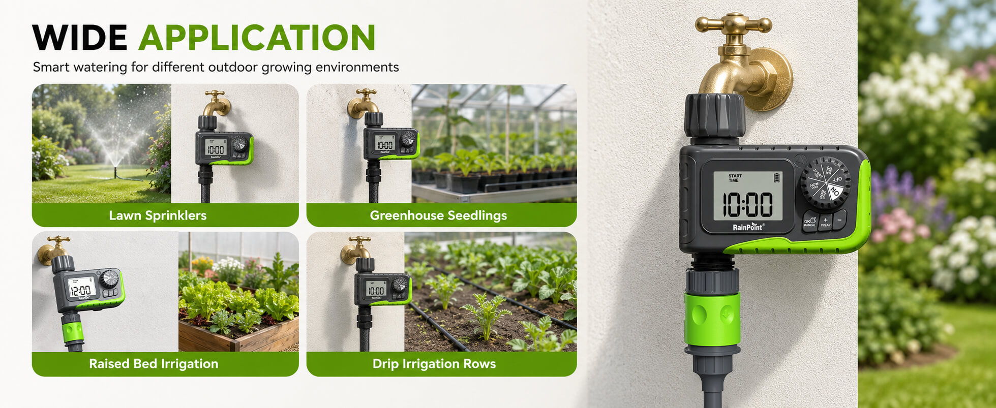 Watering timer with various garden applications and settings displayed.