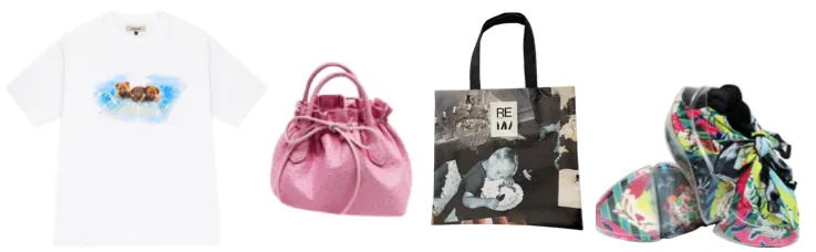 White t-shirt, pink bag, black tote, colorful shoes.