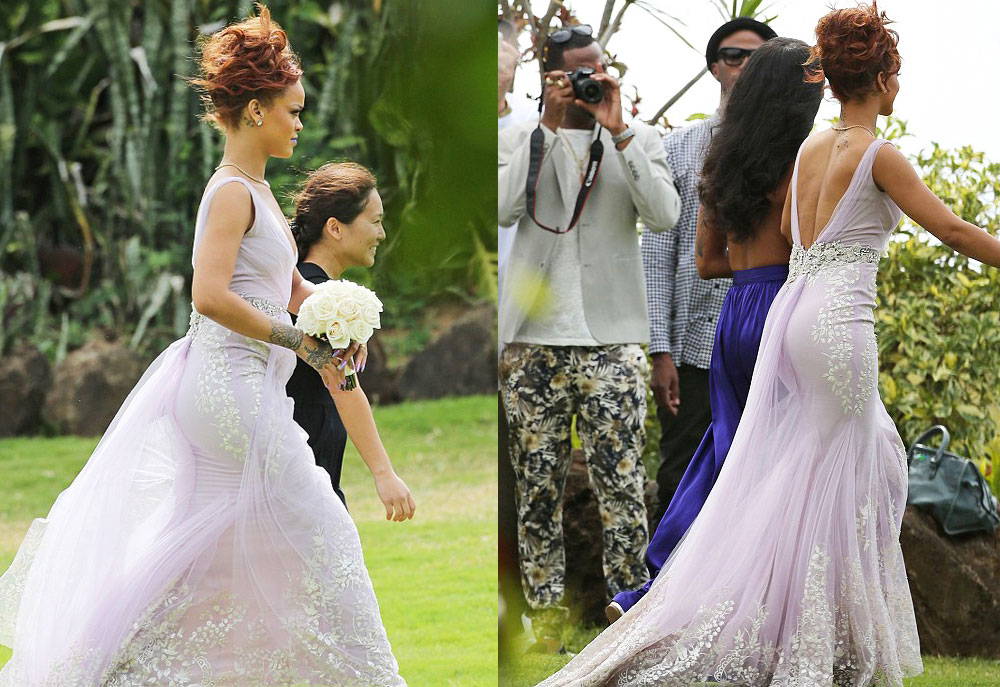 Rihanna stunned in Badgley Mischka Couture while serving as a bridesmaid in her friend`s wedding