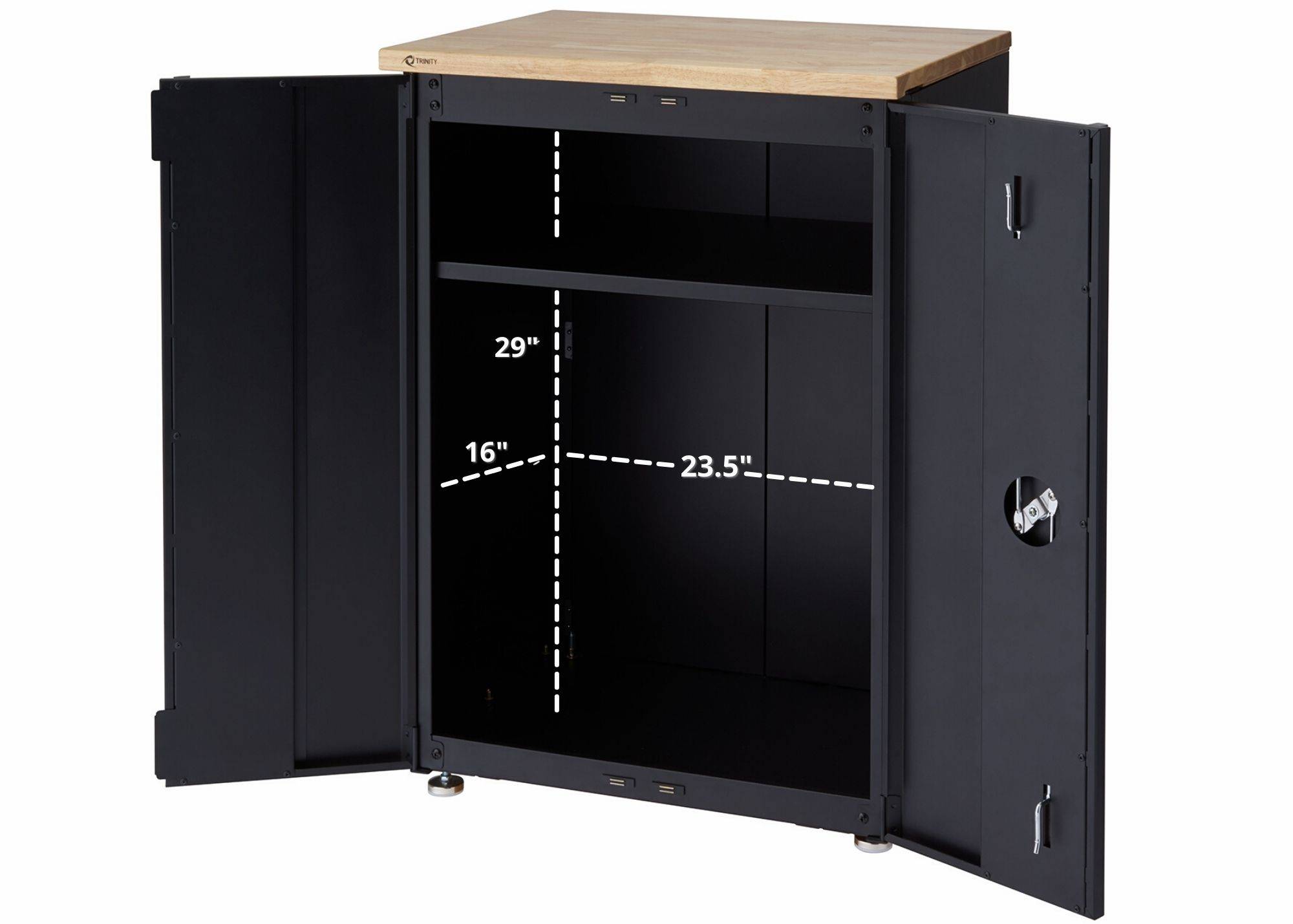 23.5 inches wide by 16 inches deep by 29 inches height interior cabinet dimensions