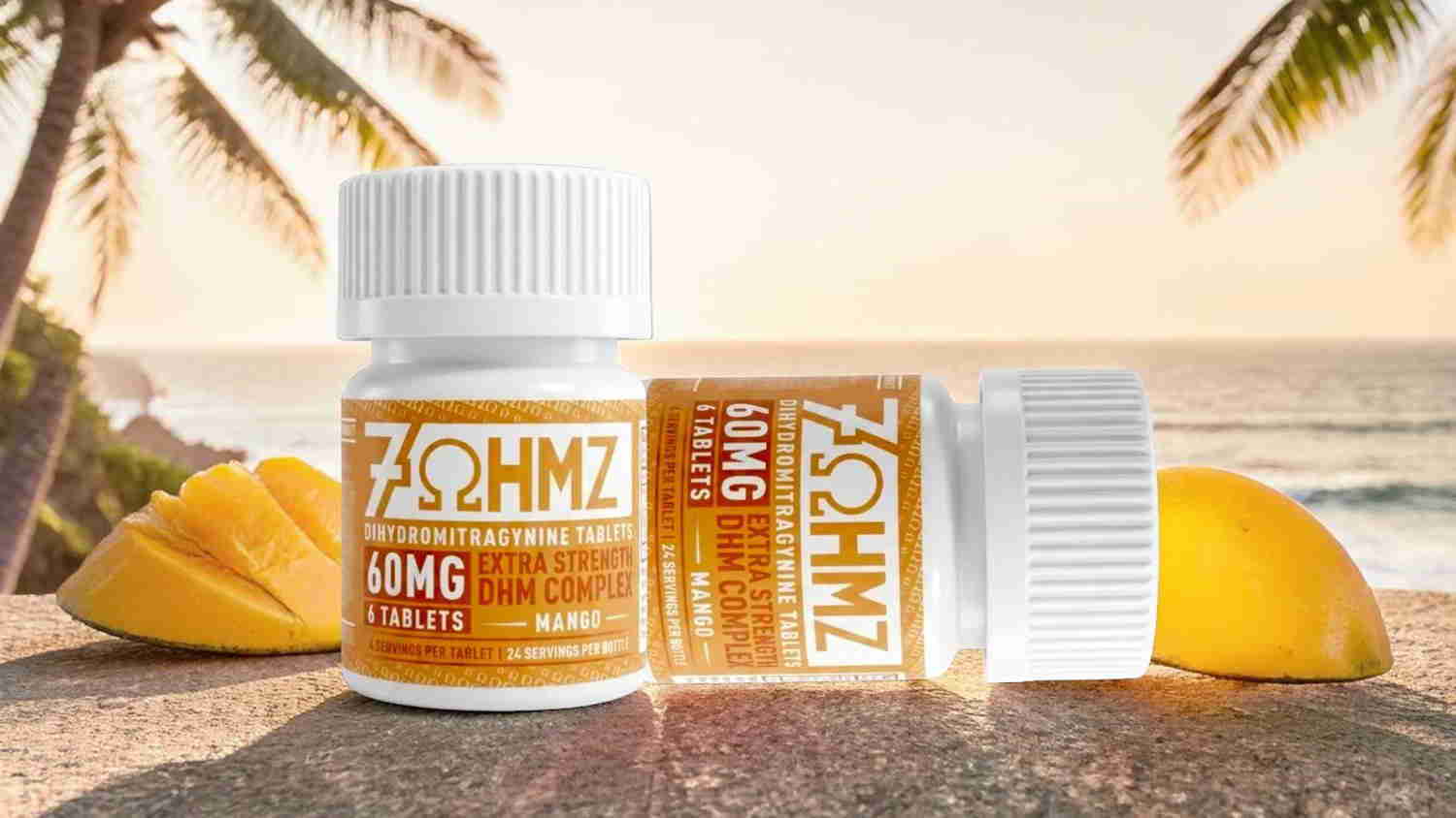 Bottles of supplements on a beach with a sunset background.