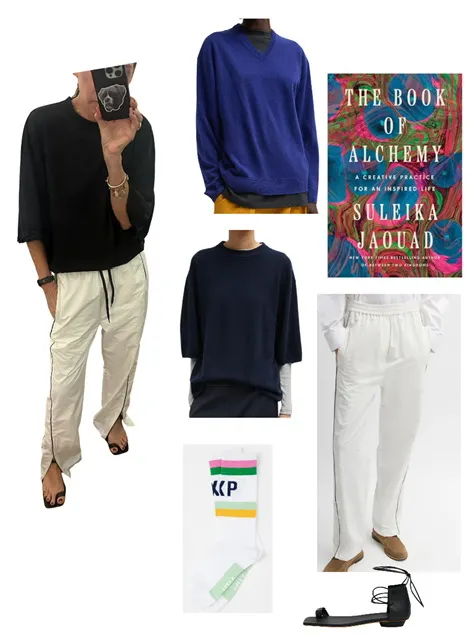 Collage of outfits, a book cover, and accessories.