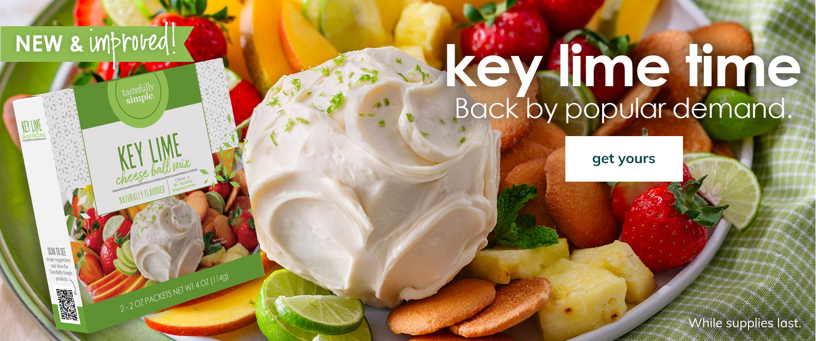 key lime cheese ball mix prepared surrounded by fruit on a plate | shop now