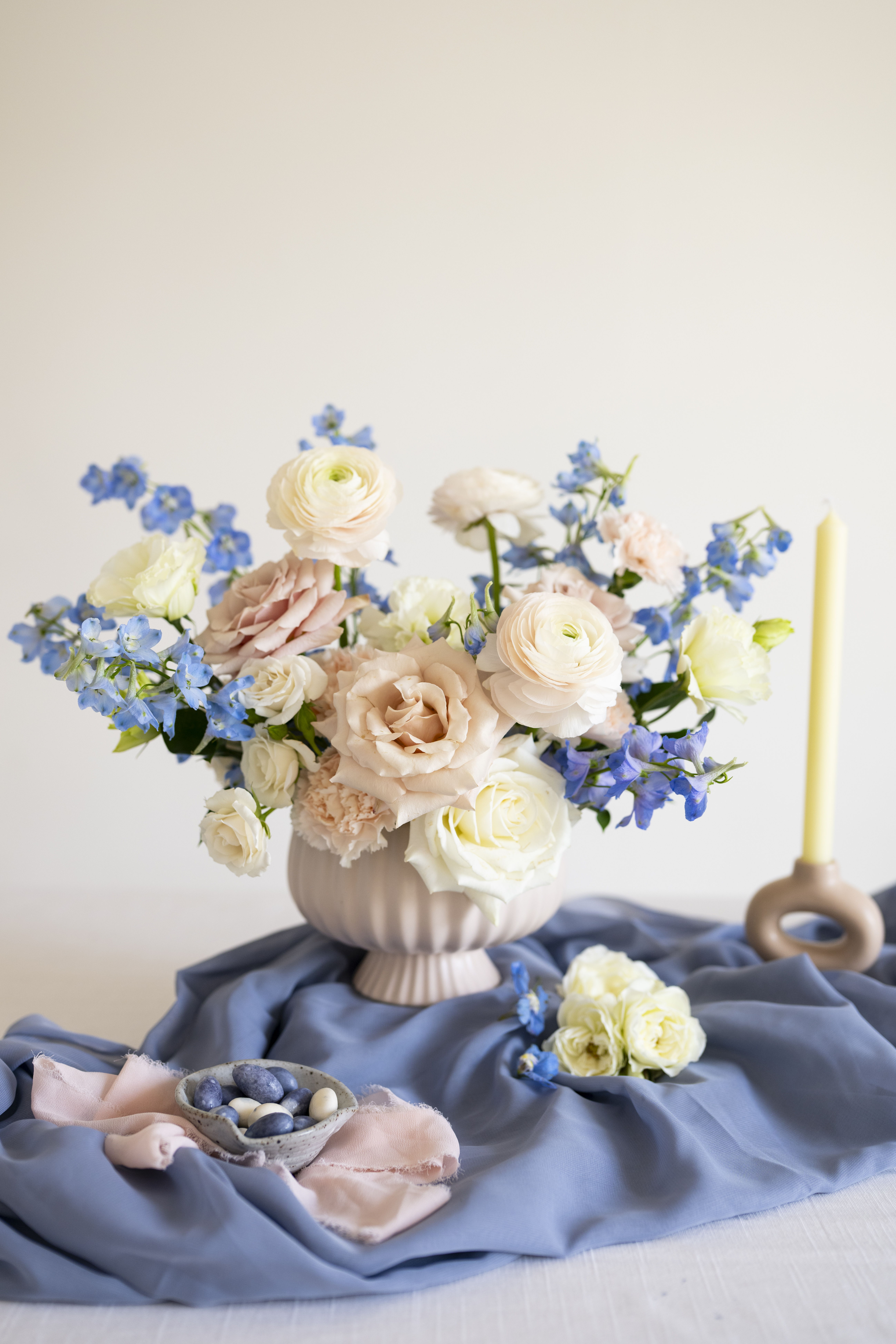 Dusty Blush and Blue compote centerpiece