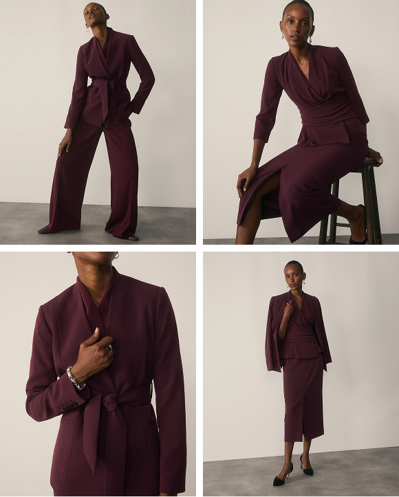 Model wearing plum suiting