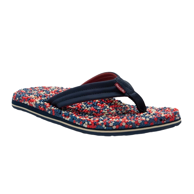 A colorful floral-patterned flip-flop sandal with a navy strap.