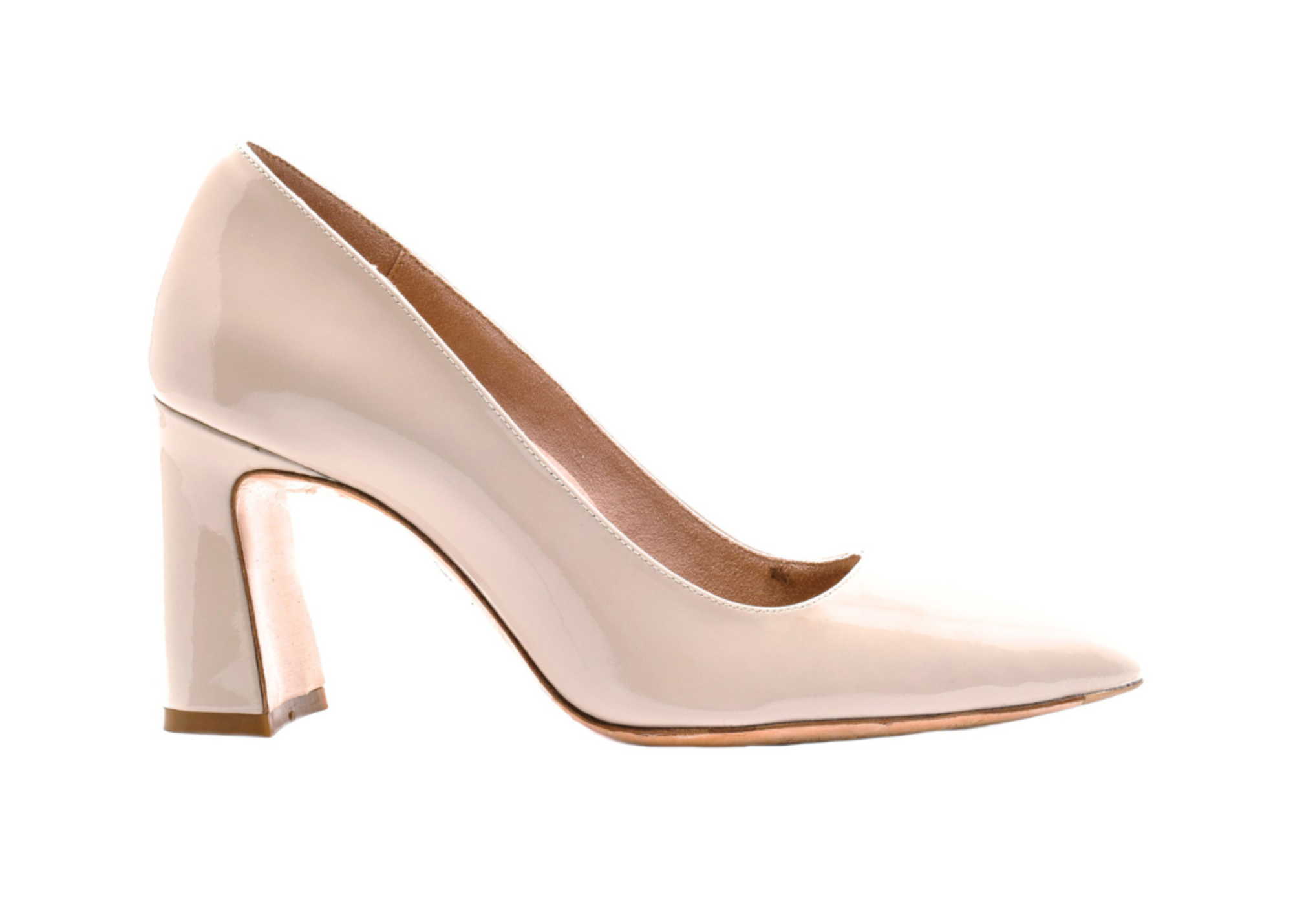 Beige high-heeled pump shoe with a chunky heel.