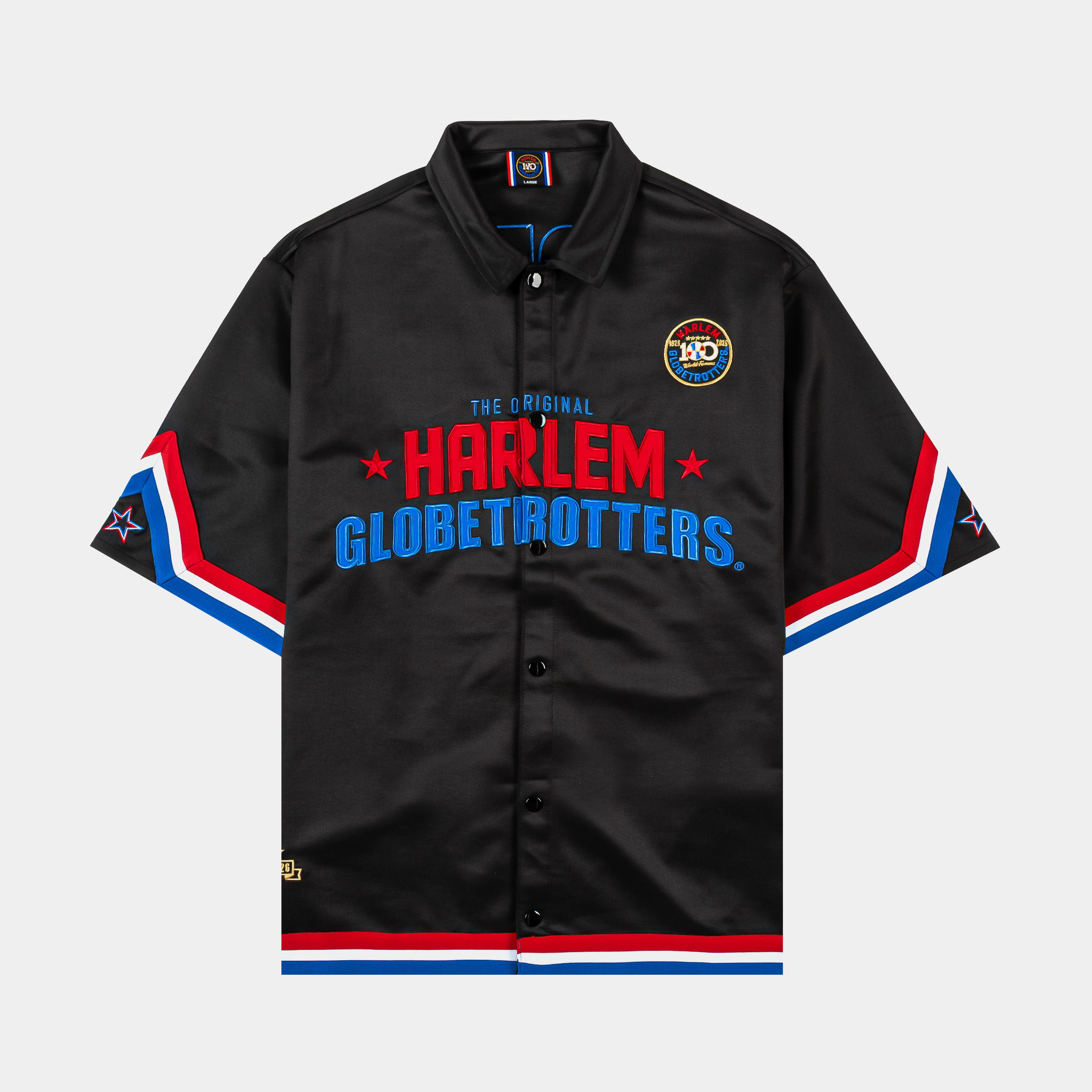 Harlem Globetrotters black jersey with red and blue accents.