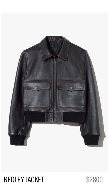 Black leather jacket with two front pockets, labeled 