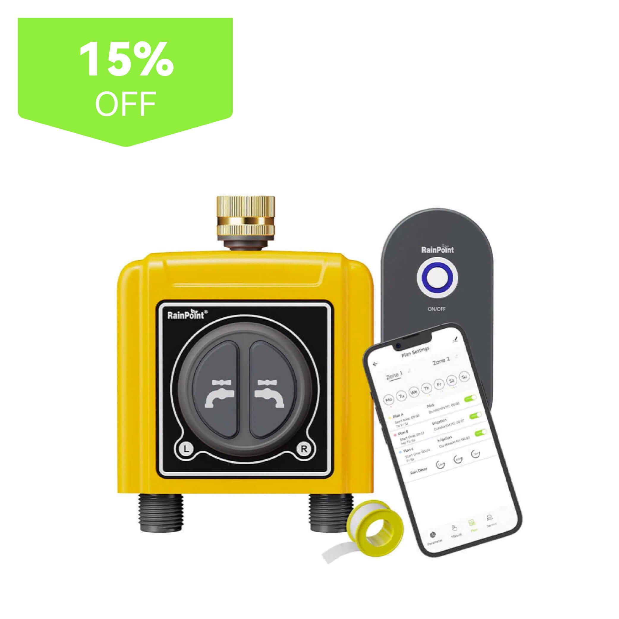 Yellow device with controls, remote, phone app, and 15% off label.