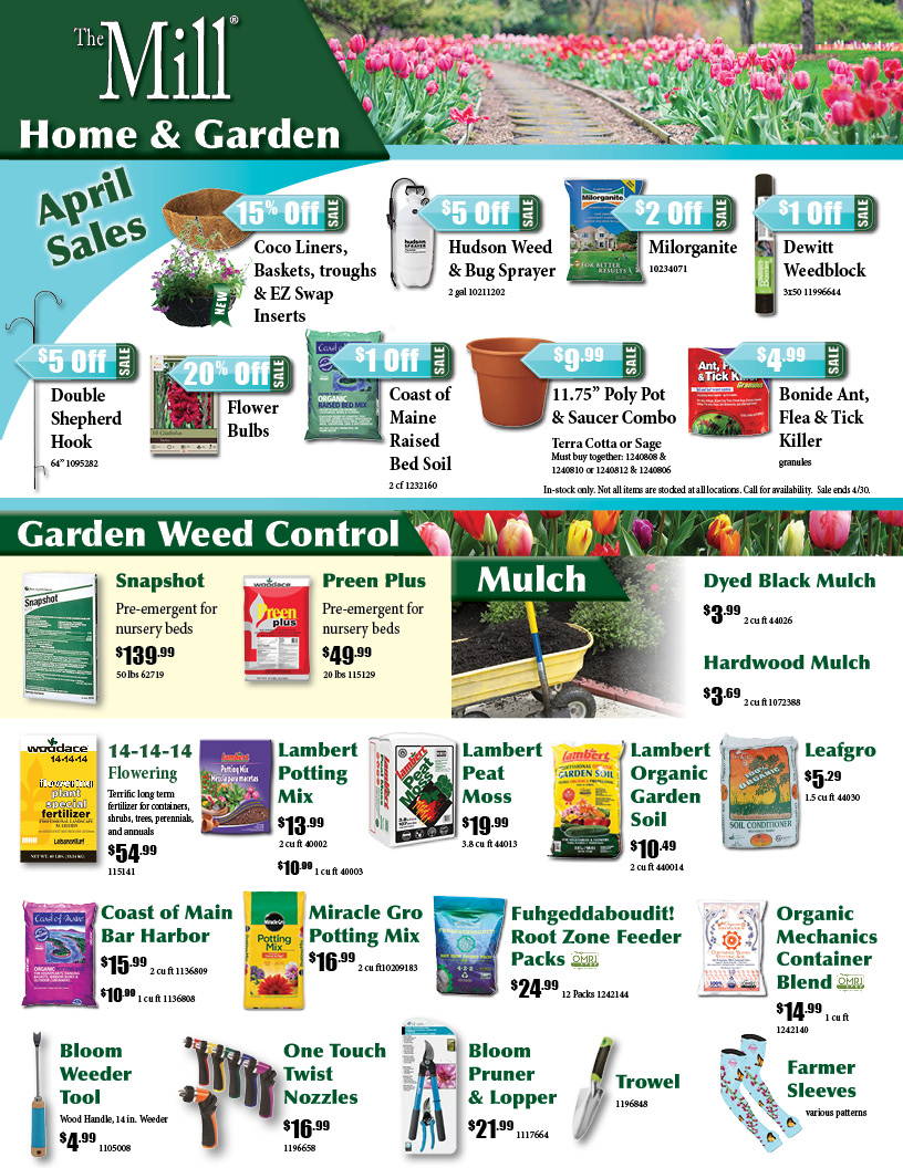 April home and garden circular page with monthly sales and timely products