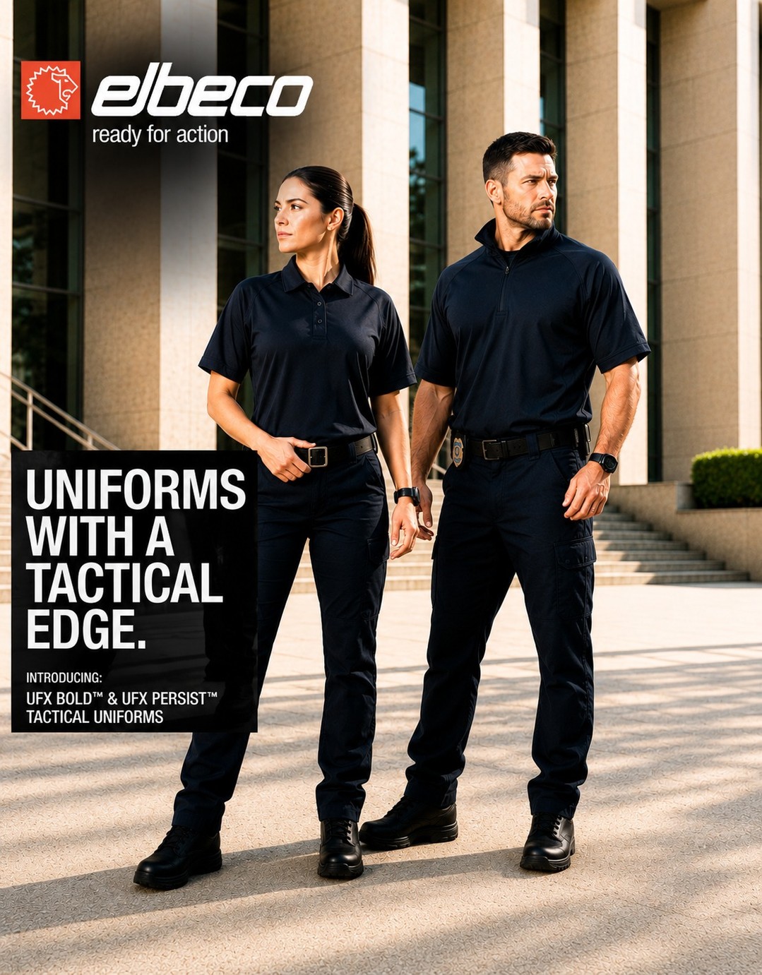 Two individuals in tactical uniforms standing outside a building.