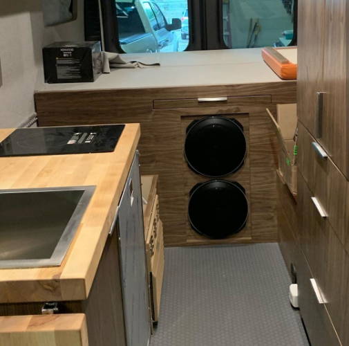 2019 Dodge Pro Master 3500 Van subwoofer installed in the van's kitchen