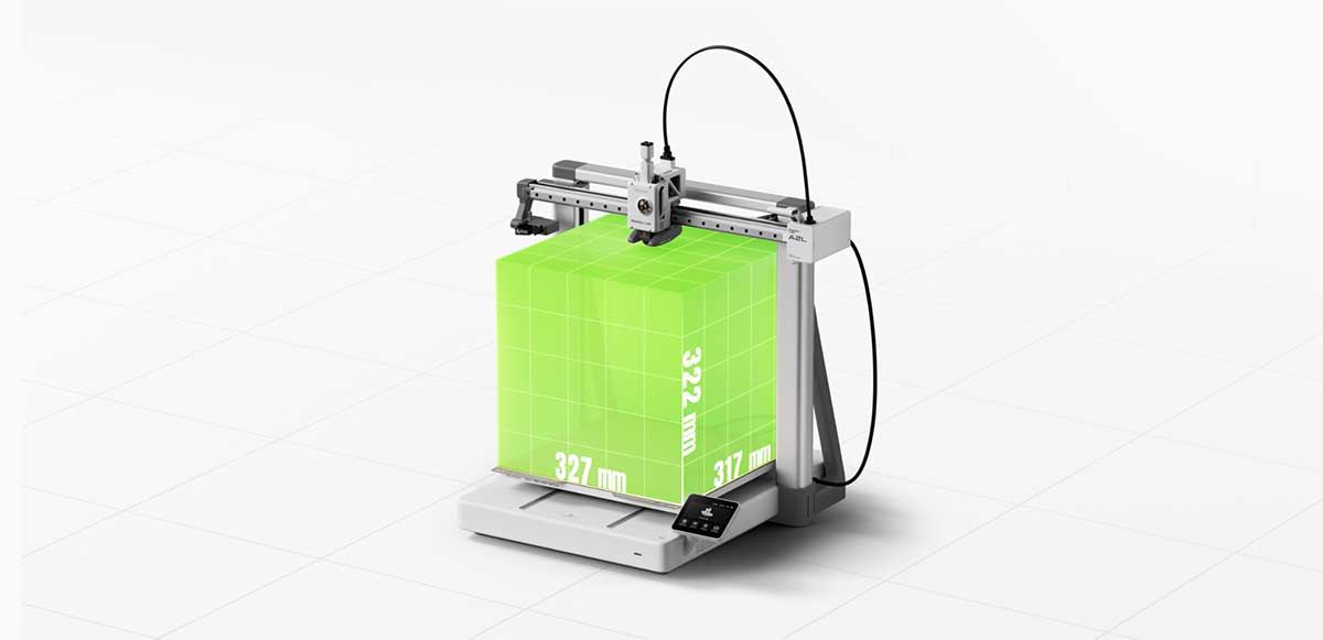 3D printer with a bright green filament spool on a white background.