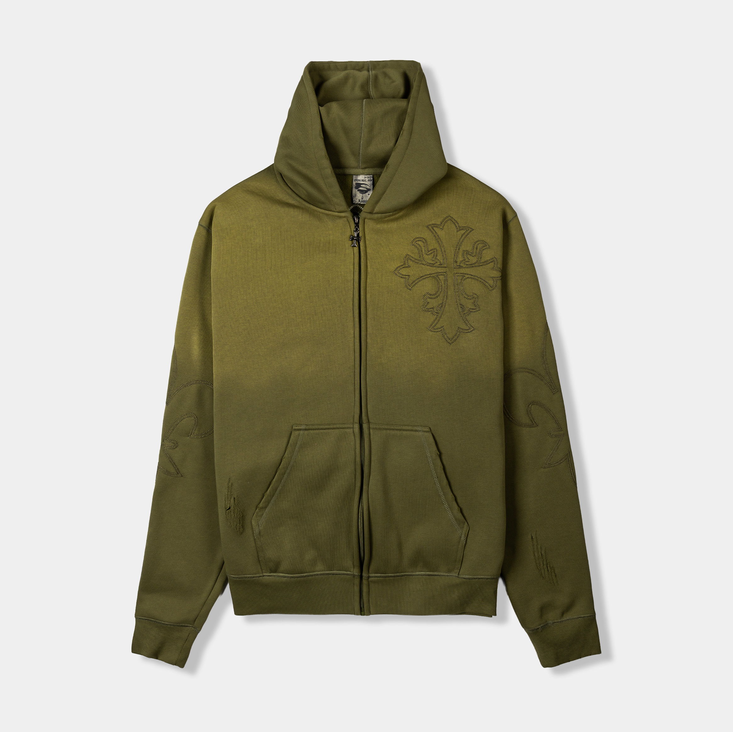 Olive green zip-up hoodie with a hood and front pockets.