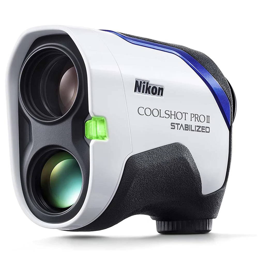 Front and side view of the Nikon Coolshot Pro II Stabilized golf laser rangefinder