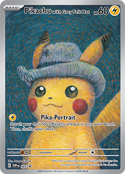 all pikachu cards - Pikachu wearing a gray felt hat on a Pokémon card.