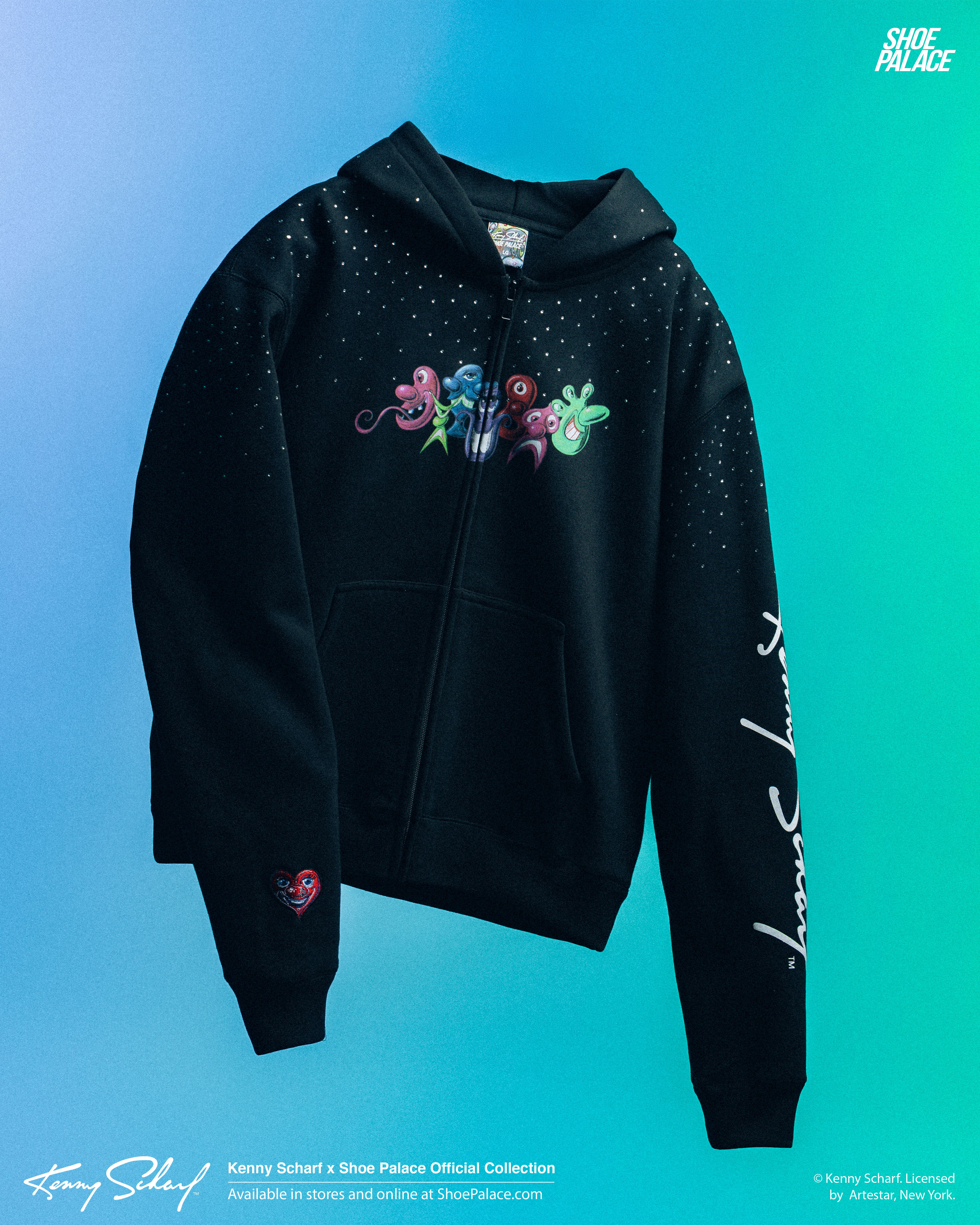 Black hoodie with colorful designs and text on the sleeve.