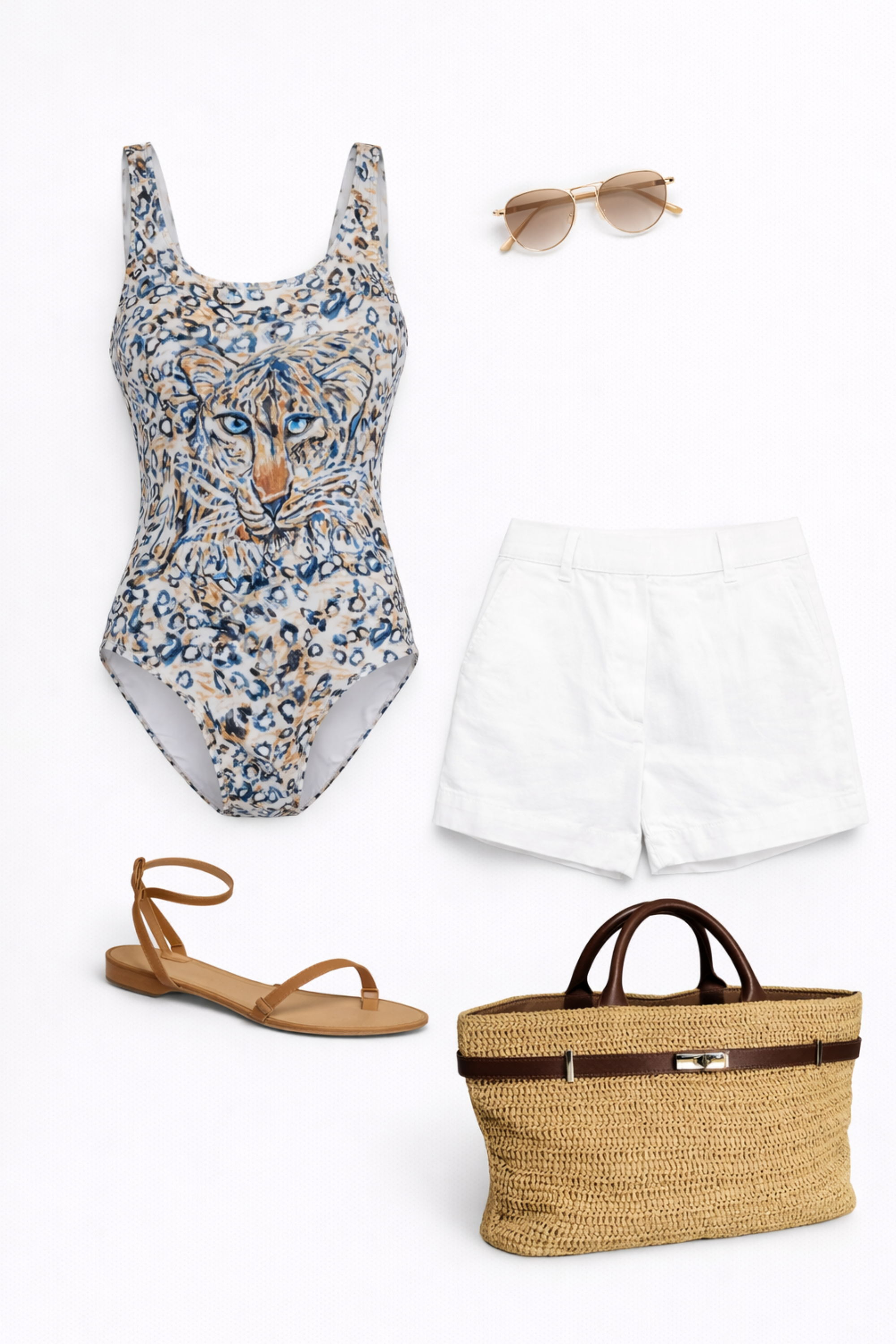 Swimsuit, shorts, sandals, sunglasses, and a straw bag arranged stylishly.