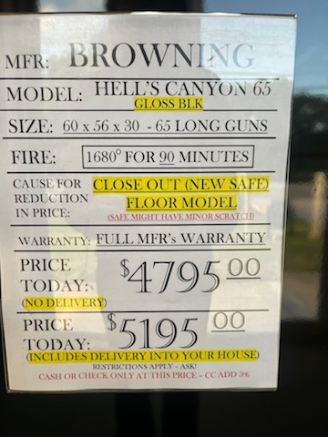 BROWNING HELL'S CANTON 65 BROWNING GRAND 33 gun safe exterior with sale price tag on door - SES spring cleaning sale
