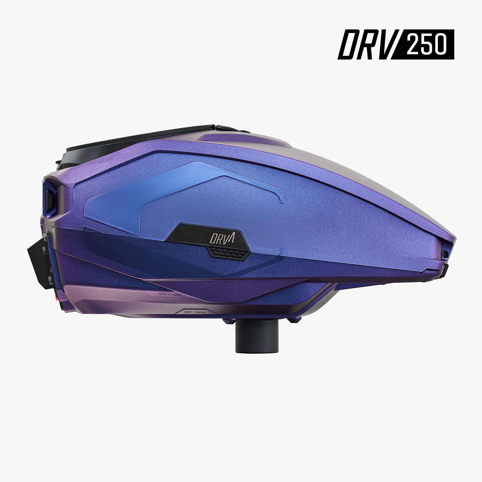 Purple paintball loader on a white background, labeled DRV250.