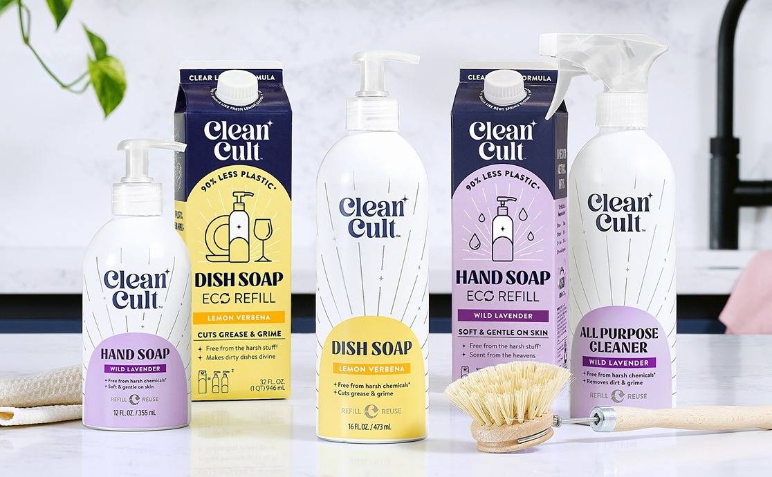 CleanCult aluminum refillable bottles for hand soap, dish soap, and all-purpose cleaner