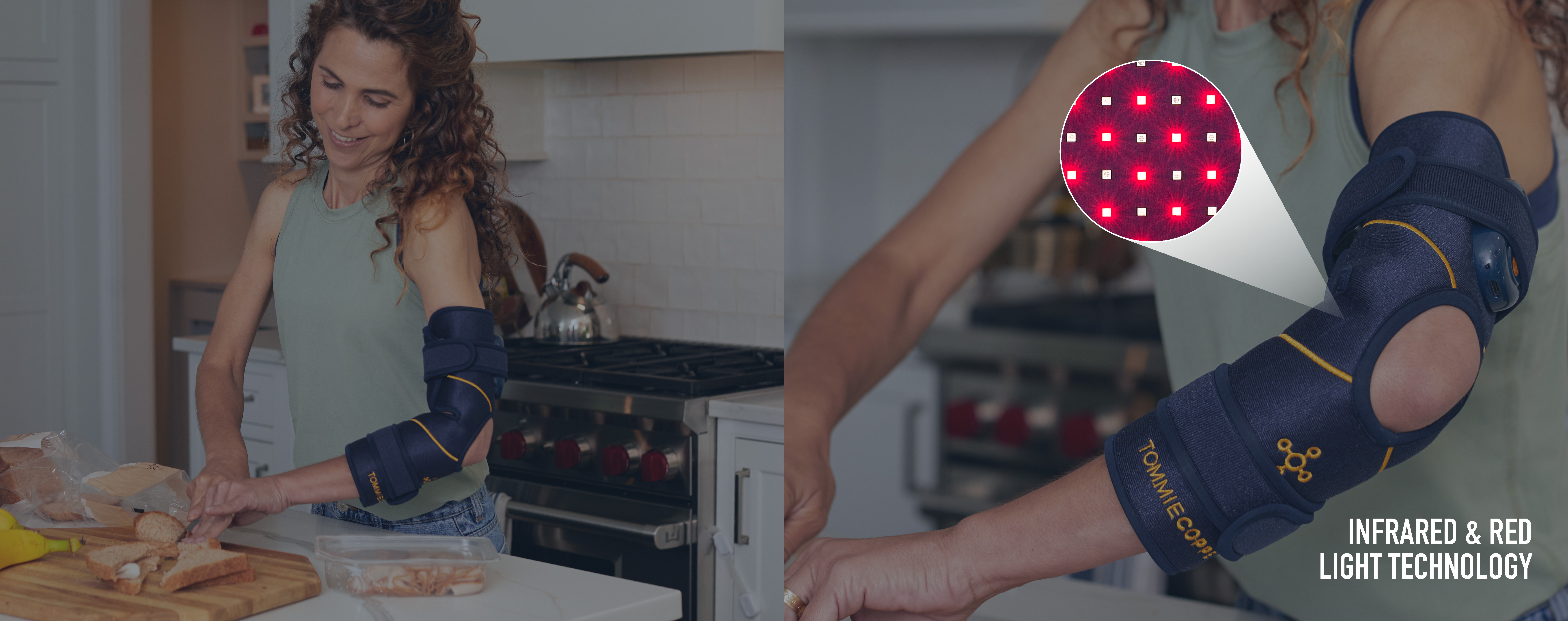 Woman making school lunch using Infrared & Red Light Therapy on her elbow